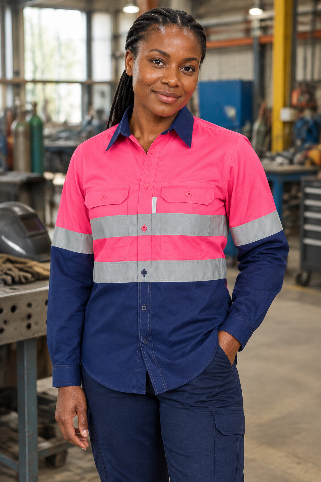 African woman wearing the pink-and-navy work shirt