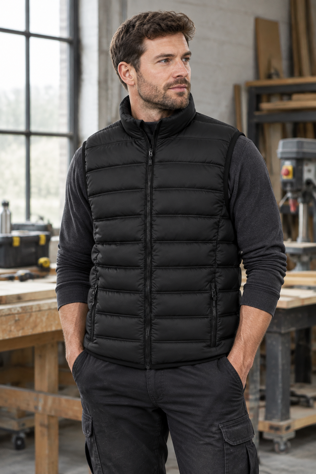 Model wearing the black Pinnacle body warmer
