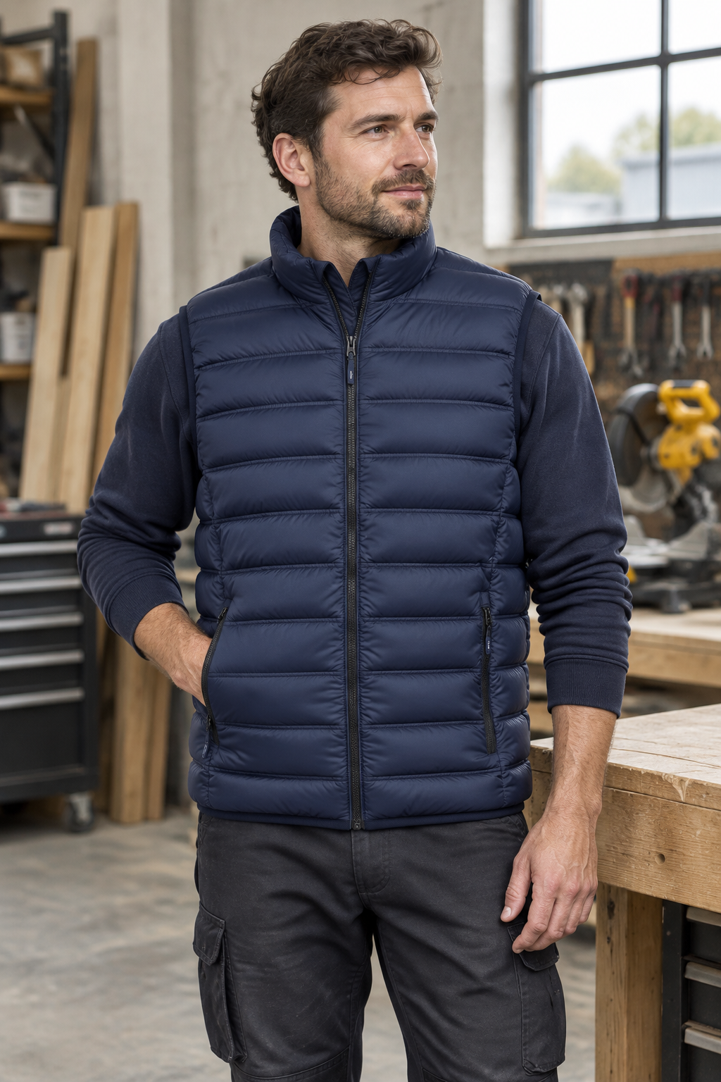 Model wearing the navy Pinnacle body warmer