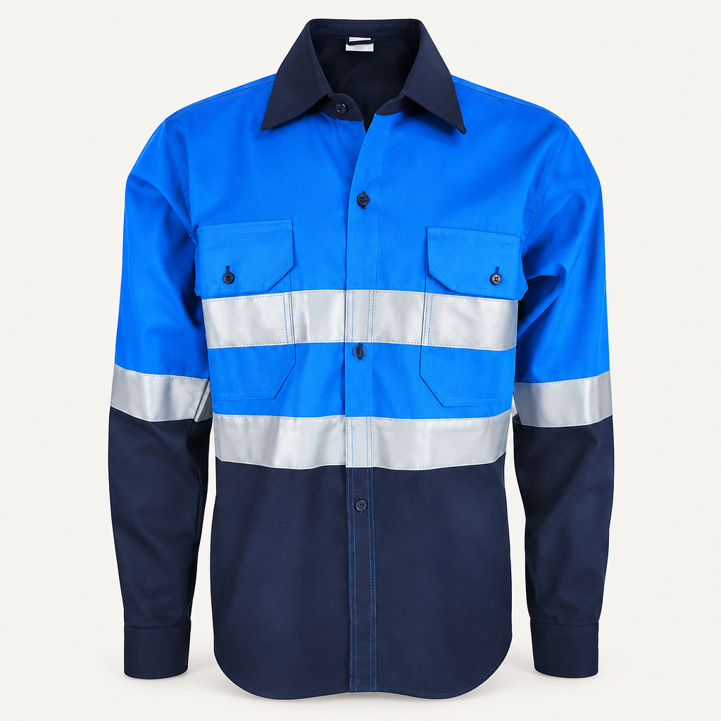 Retouched blue-and-navy mining shirt product photo