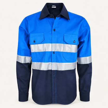 Retouched blue-and-navy mining shirt product photo