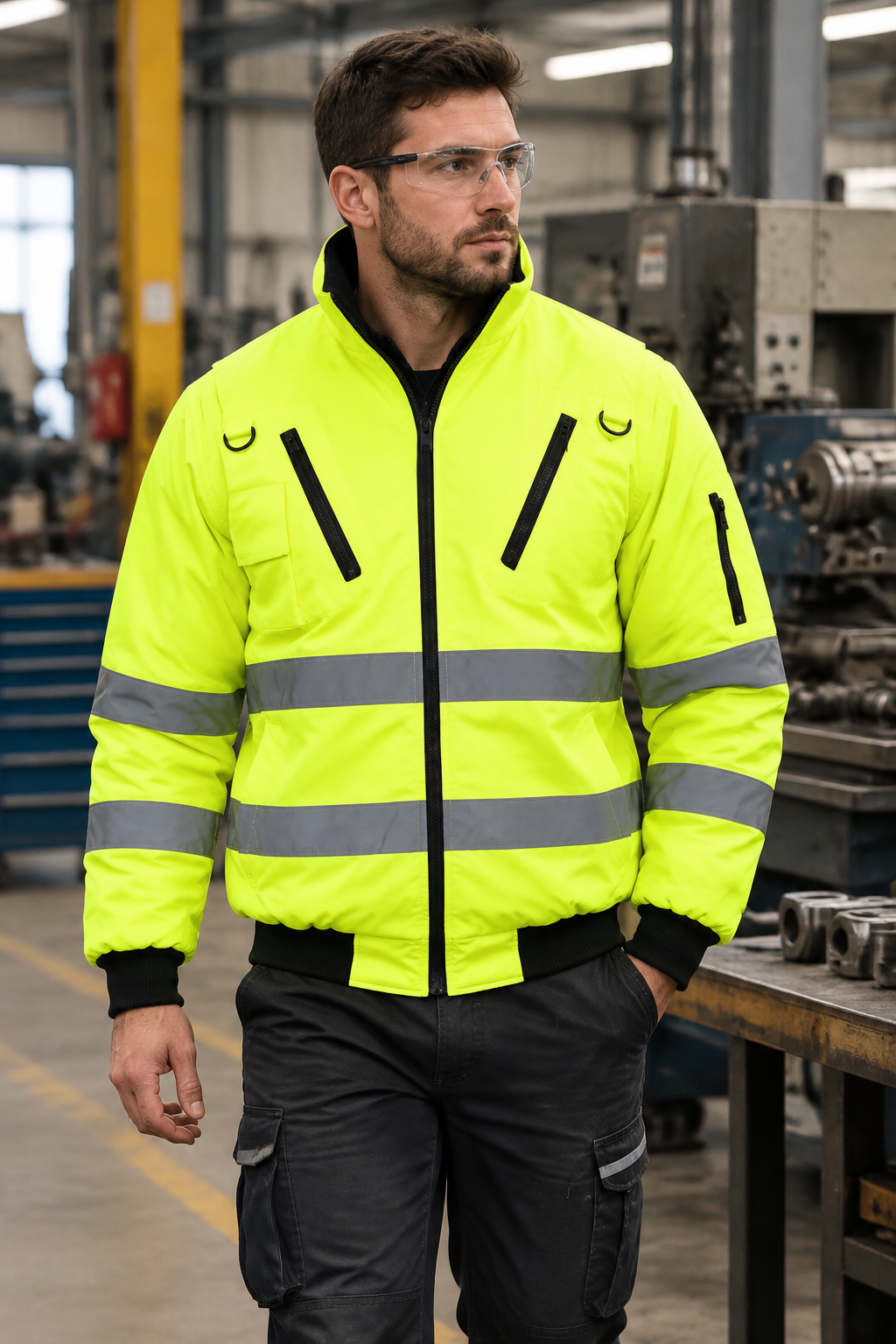 Worker wearing the lime jacket in a workshop