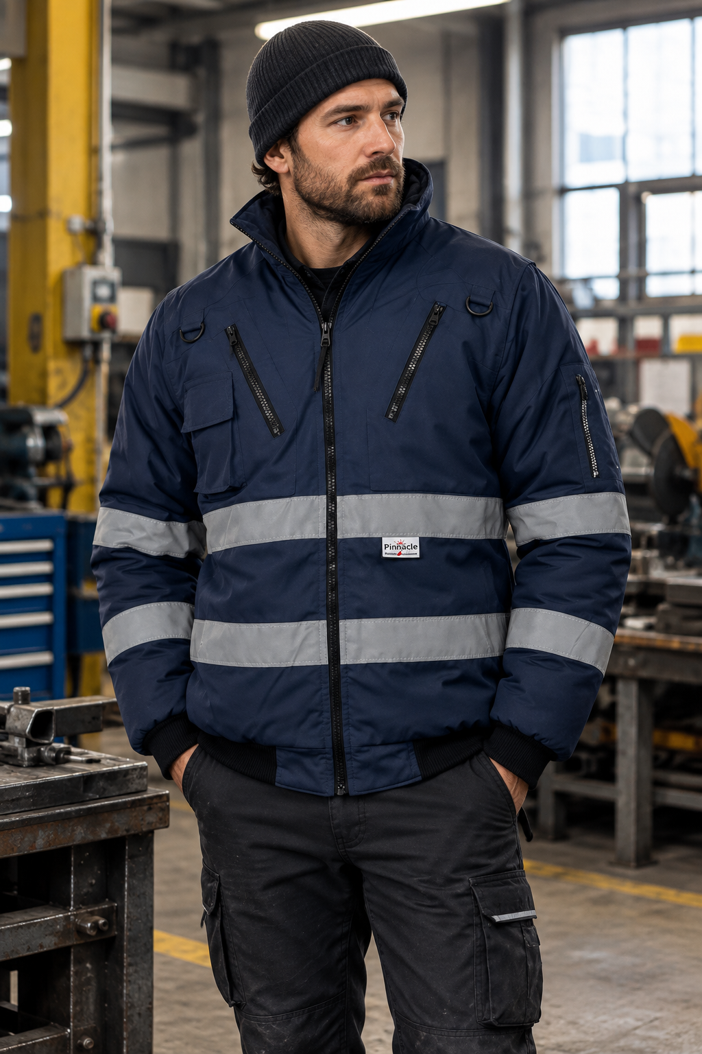Worker wearing the navy jacket in a workshop
