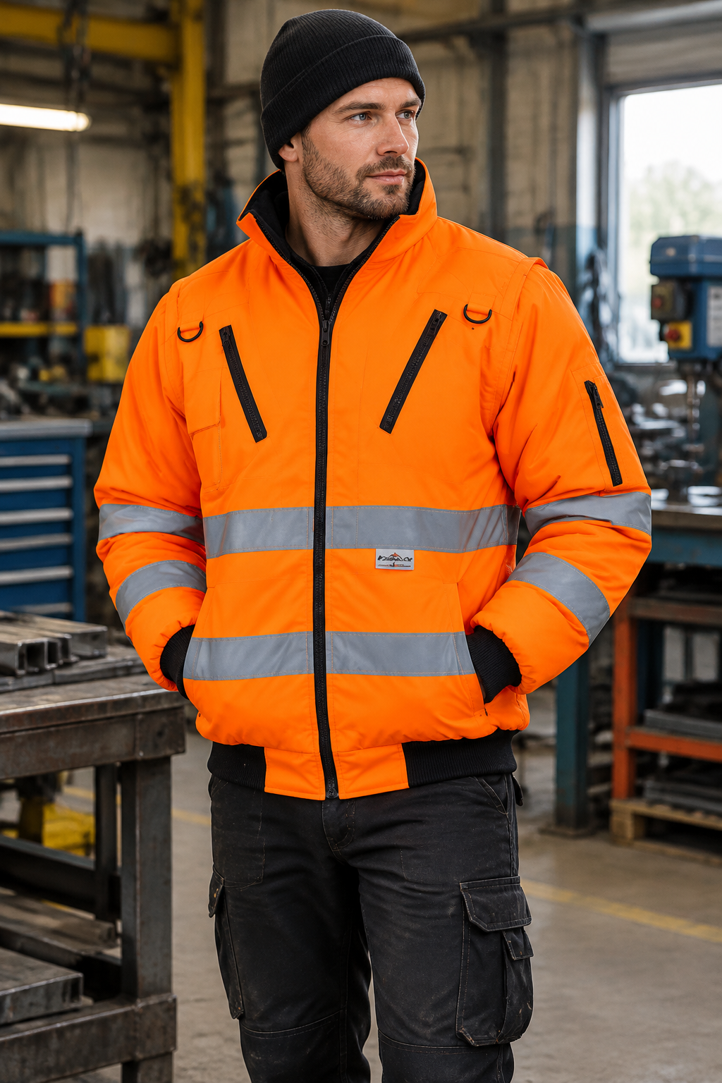 Worker wearing the orange jacket in a workshop